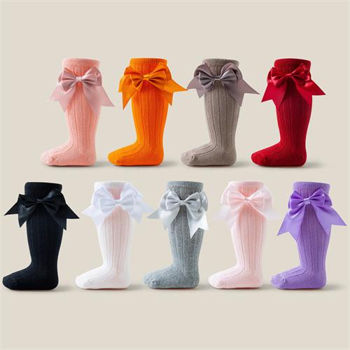 Infant and toddler vertical striped double layered bow long socks